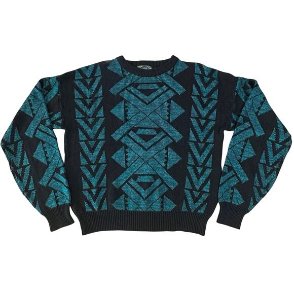 VTG Cosby Sweater Mens XL Blue Abstract Geometric Knit Pullover Crewneck 90s Y2K - Picture 1 of 14